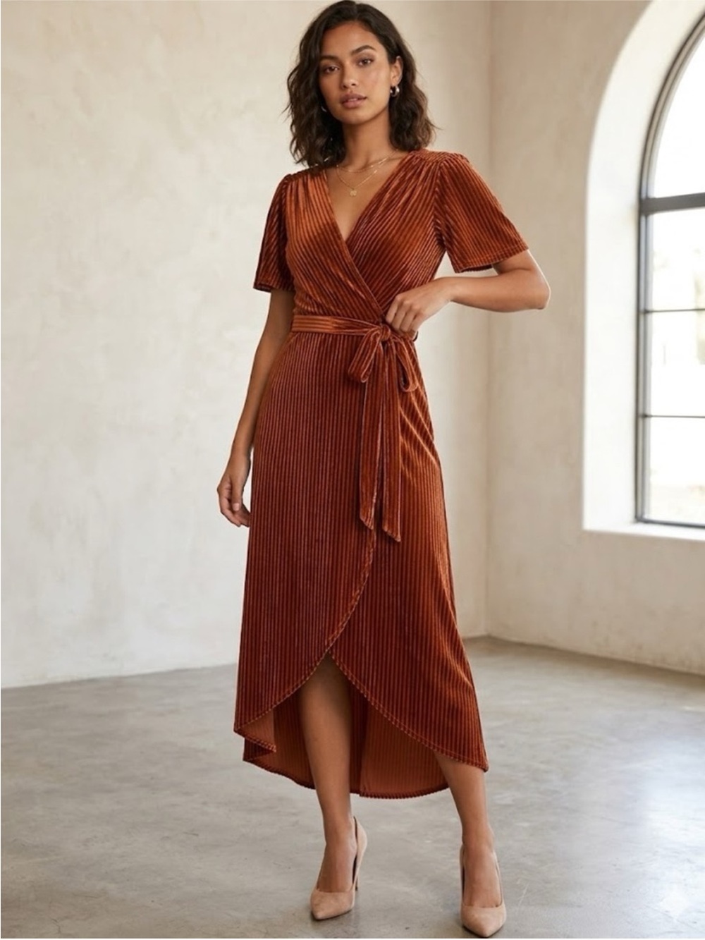 Amazon Rust Velvet Wrap Midi Dress